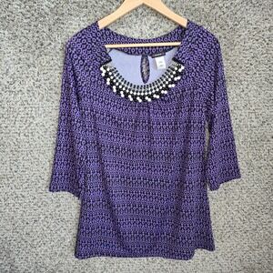 Cocomo Top Womens Medium Purple Scoop Neck Blouse Embellished Stretch Casual